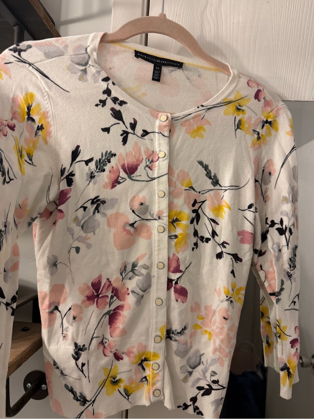 White House Black Market White Cardigan with Pink and Yellow Floral Accents